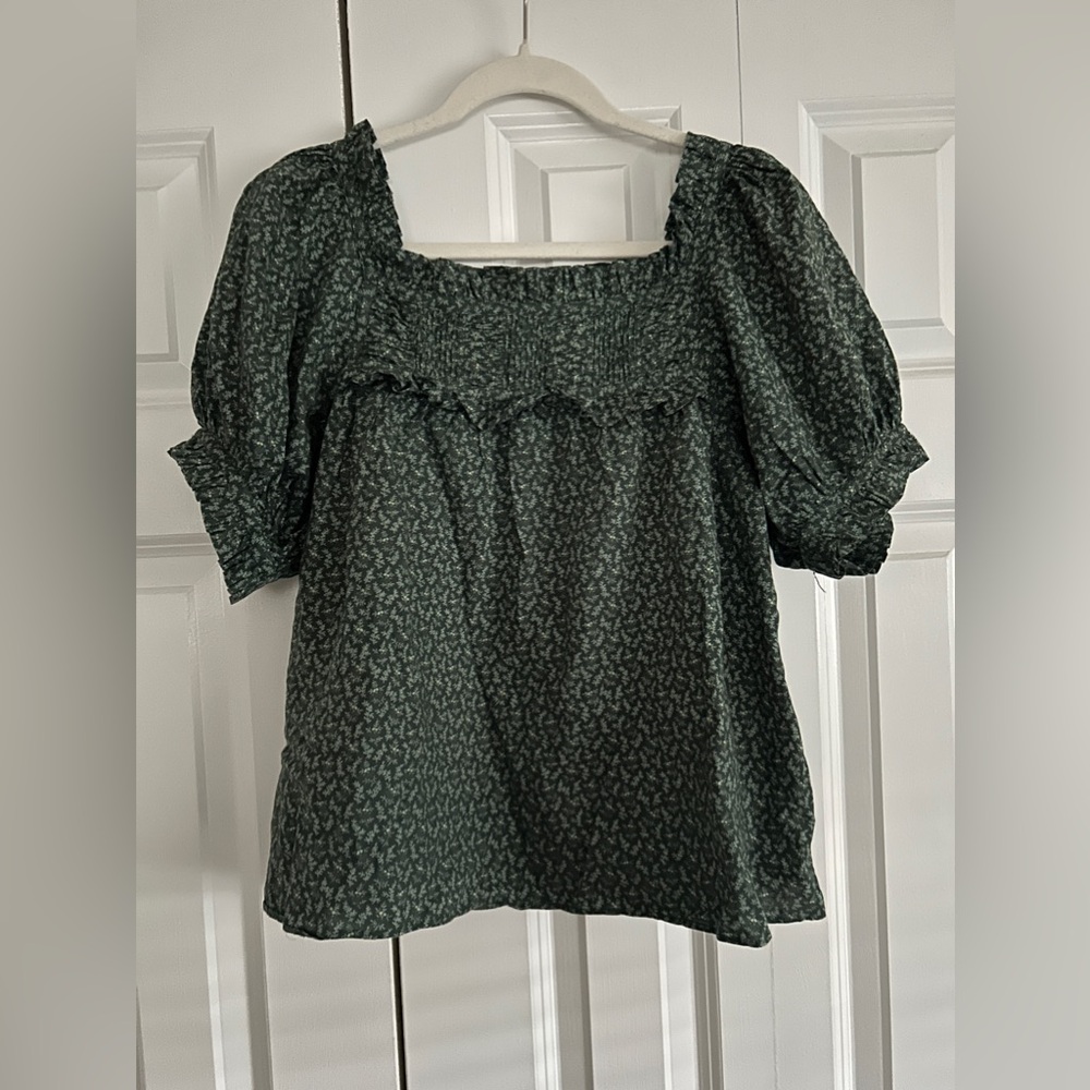 Doen Forest Green Mini Floral Square-Neck Puff Sleeve Blouse